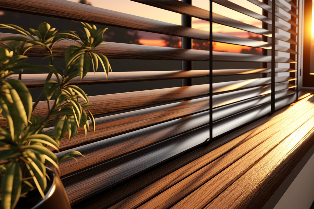 Wood blinds on the interior of a window with sunset lighting near Venice, Florida